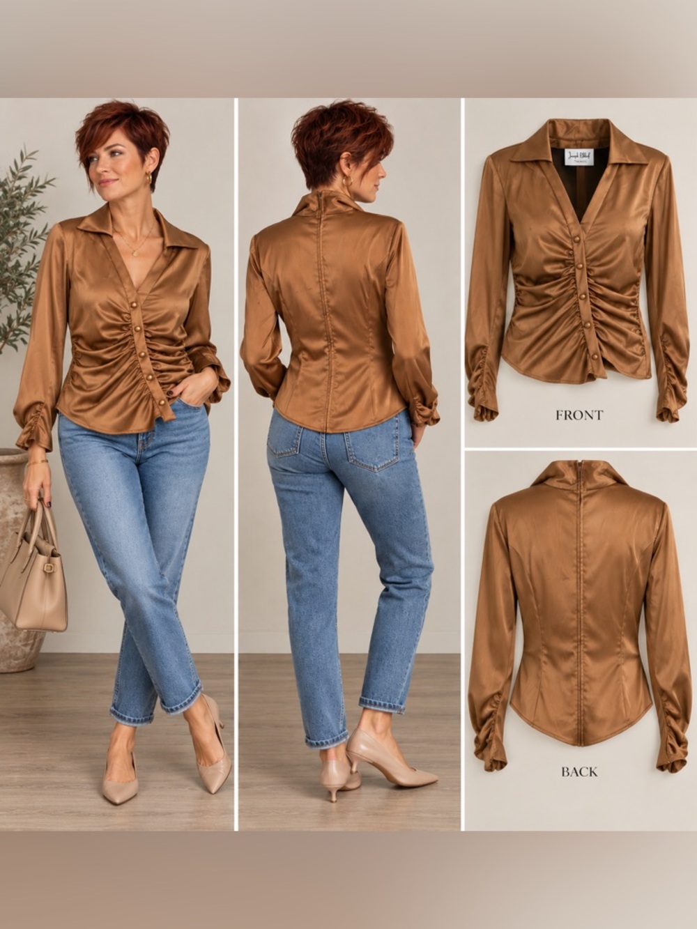 Vintage 1990s Joseph Ribkoff Trends Bronze Ruched Blouse Size 10